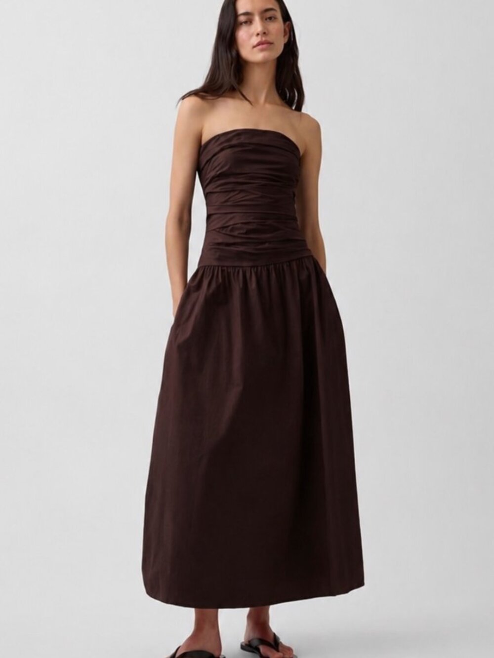 GAP Poplin Strapless Drop Waist Midi to Maxi Dress in Terra Brown Large $118